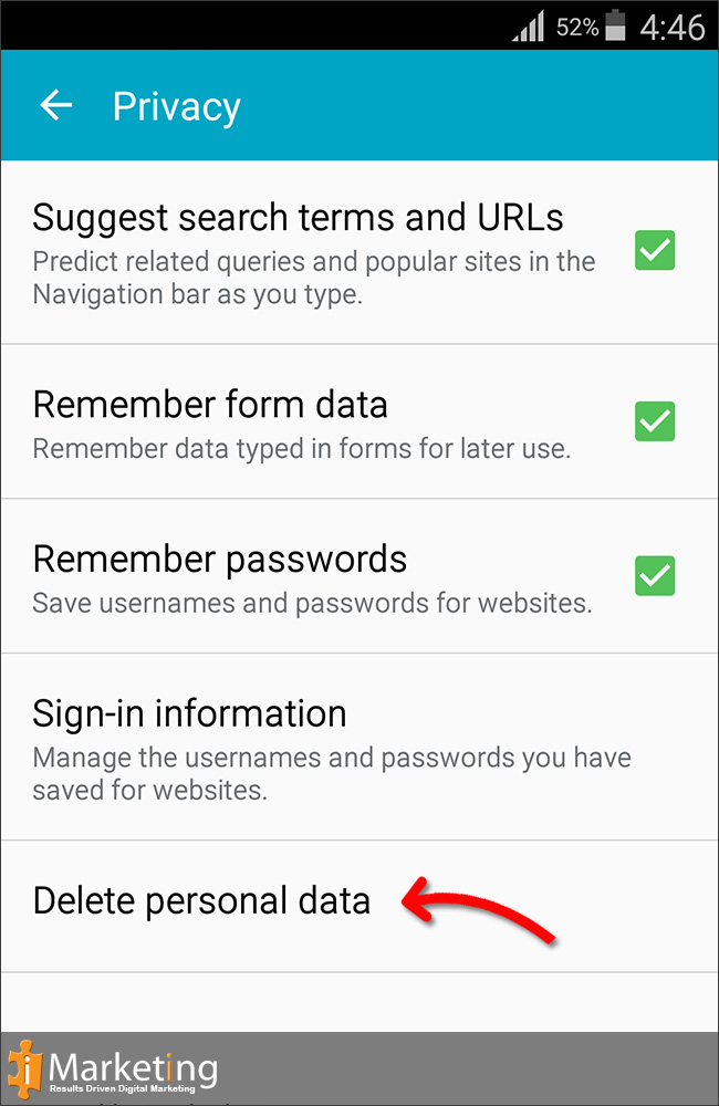 Privacy page, slide down and find "Delete personal data"