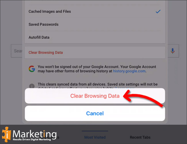Clearing Your Cache confirm the action by clicking on Clear Browsing Data. Your browser cache is now empty.